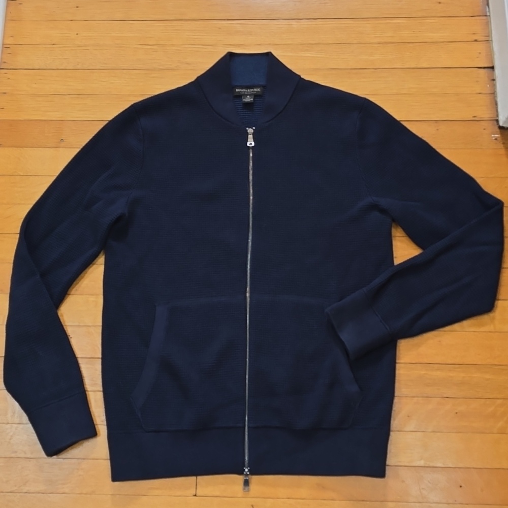 Banana Republic, Supima Cotton Full Zip Waffle Knit Sweater, Navy, EUC, Men's S